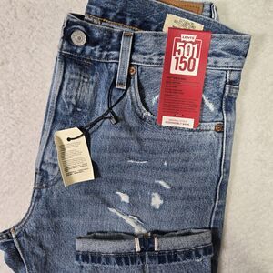 Levis 501 Original Fit Womens 29x30 High Rise Selvedge Distressed Jeans 150th